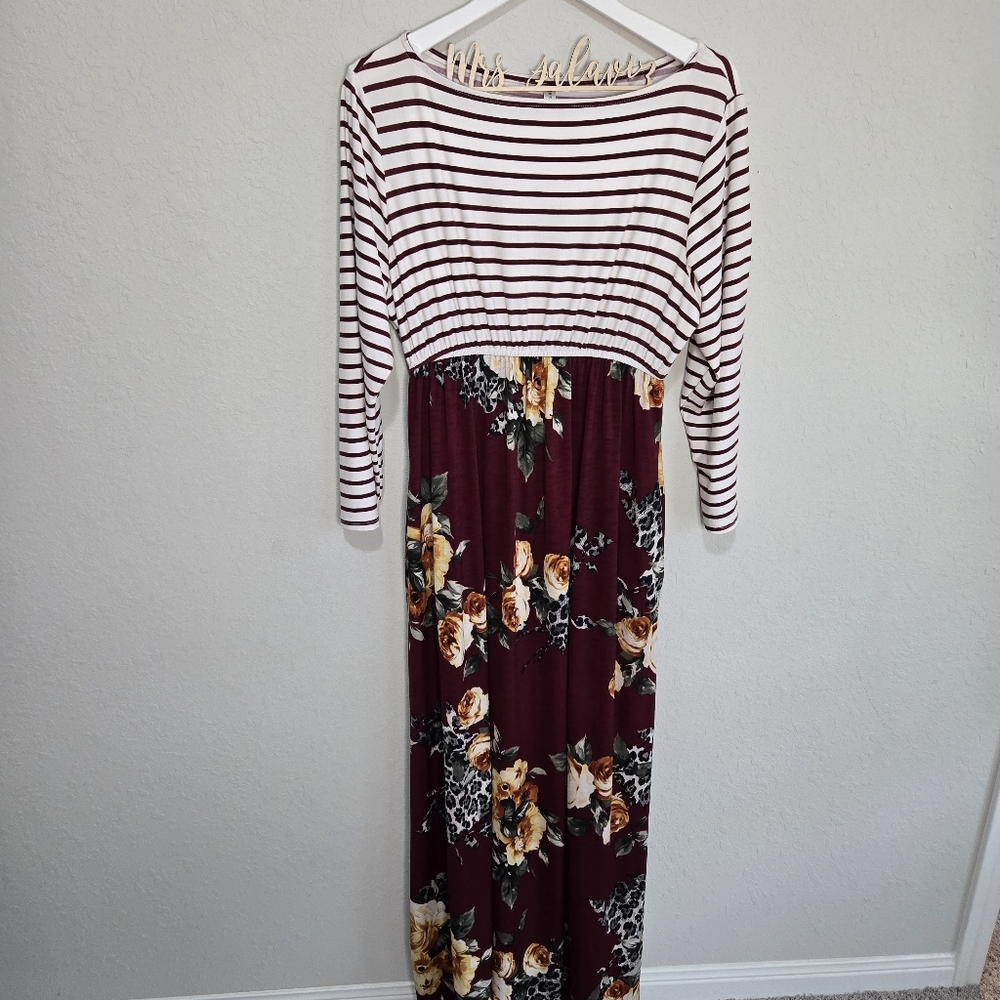 {3/$20} Striped and Floral Maxi Dress - Burgundy and White